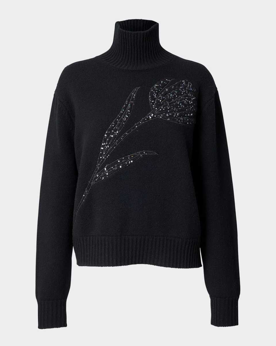 Turtleneck Paillette Rose Wool-Cashmere Sweat